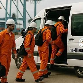 Maritime crew boarding transport van at secure port facility