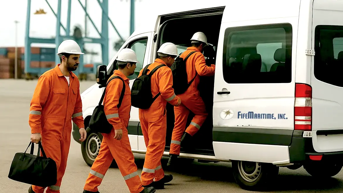 Maritime crew boarding transport van at port facility